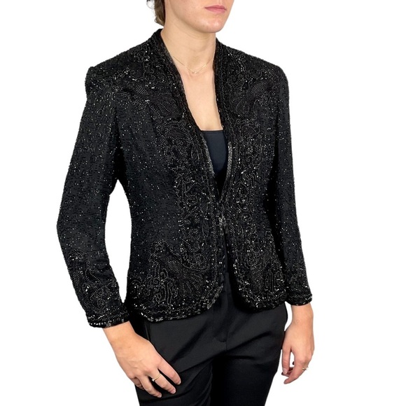 NITELINE VINTAGE 1994 BLACK SILK BEAD SEQUIN EMBELLISHED HOLIDAY EVENING JACKET - Picture 1 of 15